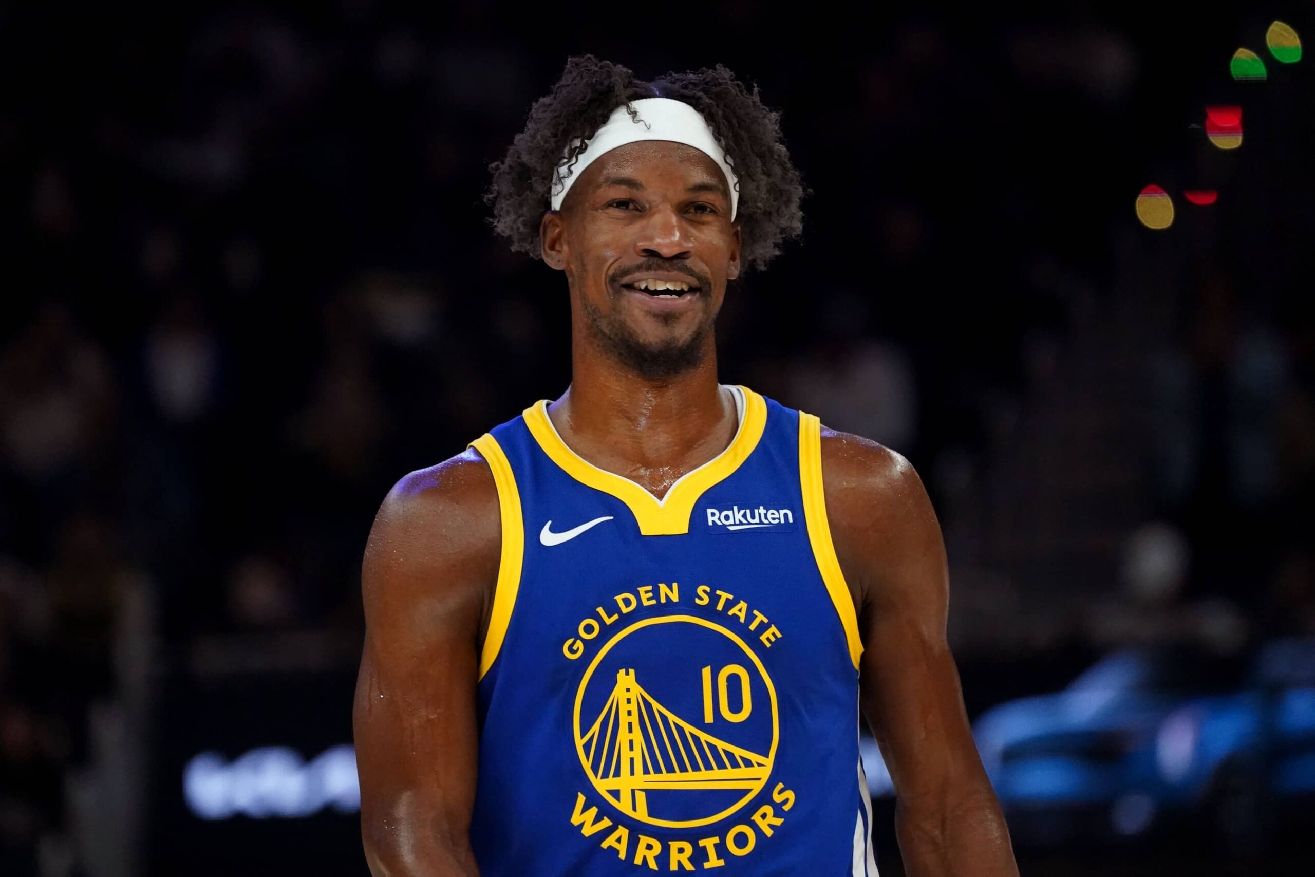Golden State Warriors forward Jimmy Butler III (10) waits for play to resume against the Portland Trail Blazers in the second quarter at Chase Center.