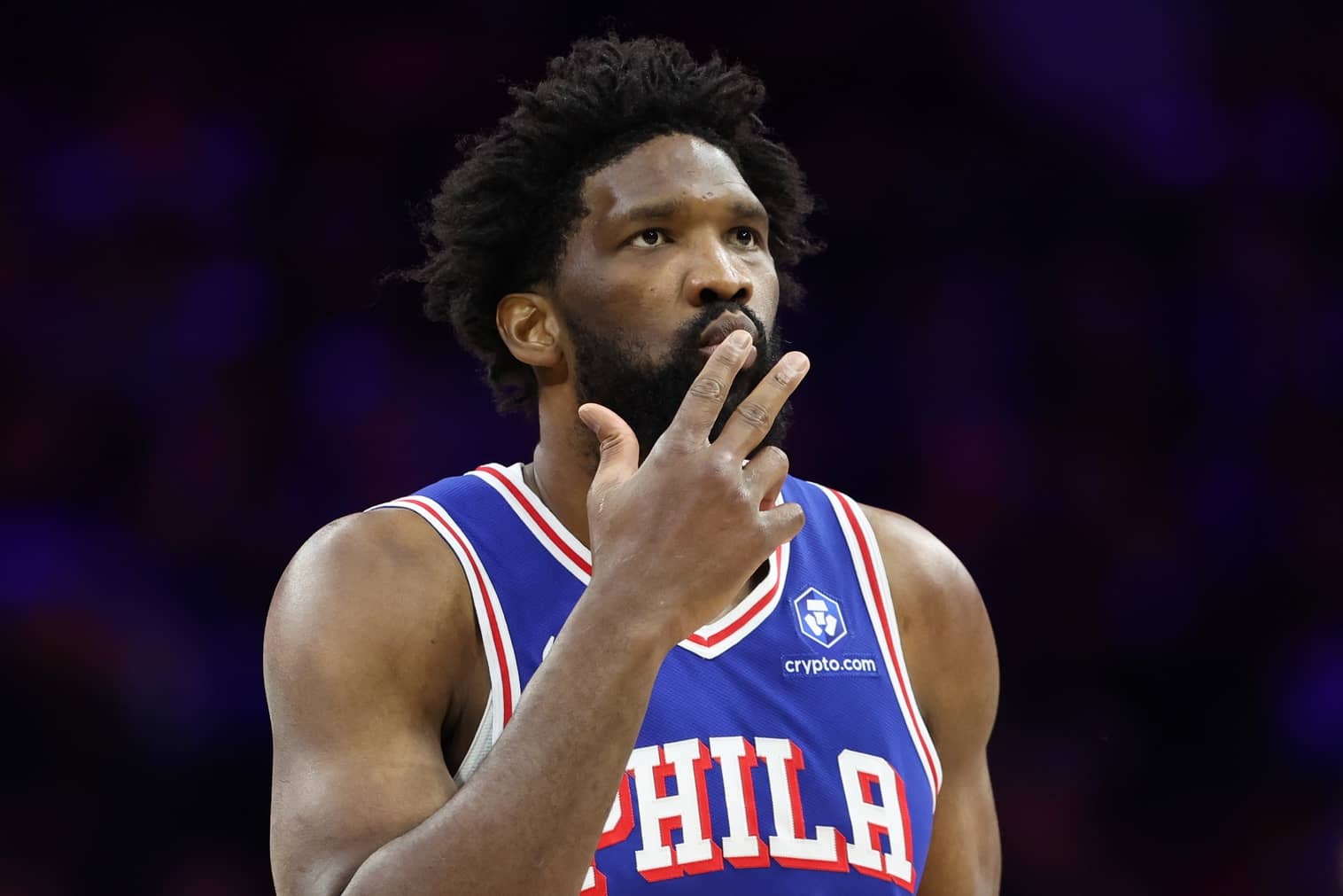 Jan 29, 2026; Philadelphia, Pennsylvania, USA; Philadelphia 76ers center Joel Embiid (21) reacts to his three pointer against the Sacramento Kings during the second quarter at Xfinity Mobile Arena. Mandatory Credit: Bill Streicher-Imagn Images