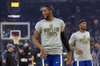 Nov 9, 2025; San Francisco, California, USA; Golden State Warriors forward Jonathan Kuminga (1) warms up before facing the Indiana Pacers at Chase Center. Mandatory Credit: D. Ross Cameron-Imagn Images
