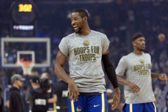 Nov 9, 2025; San Francisco, California, USA; Golden State Warriors forward Jonathan Kuminga (1) warms up before facing the Indiana Pacers at Chase Center. Mandatory Credit: D. Ross Cameron-Imagn Images