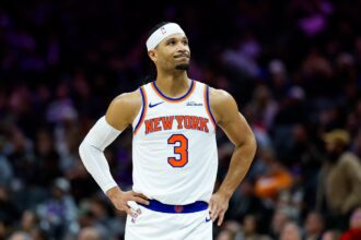 Sacramento, California, USA; New York Knicks guard Josh Hart (3) reacts after a play during the third quarter against the Sacramento Kings at Golden 1 Center. Mandatory Credit: Sergio Estrada-Imagn Images