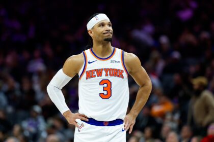 Sacramento, California, USA; New York Knicks guard Josh Hart (3) reacts after a play during the third quarter against the Sacramento Kings at Golden 1 Center. Mandatory Credit: Sergio Estrada-Imagn Images