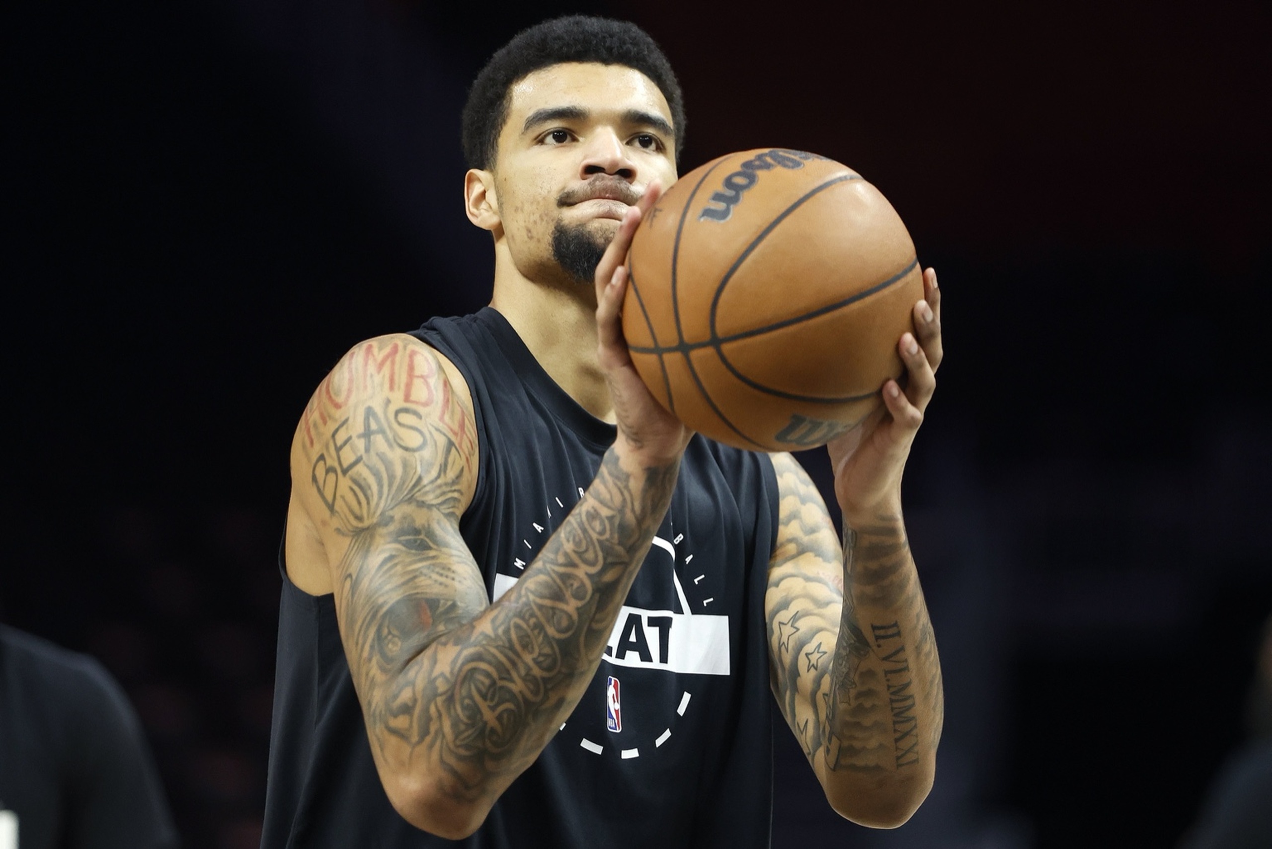 Dec 6, 2025; Miami, Florida, USA; Miami Heat center Kel'el Ware (7) warms up against the Sacramento Kings before the game at Kaseya Center. Mandatory Credit: Rhona Wise-Imagn Images