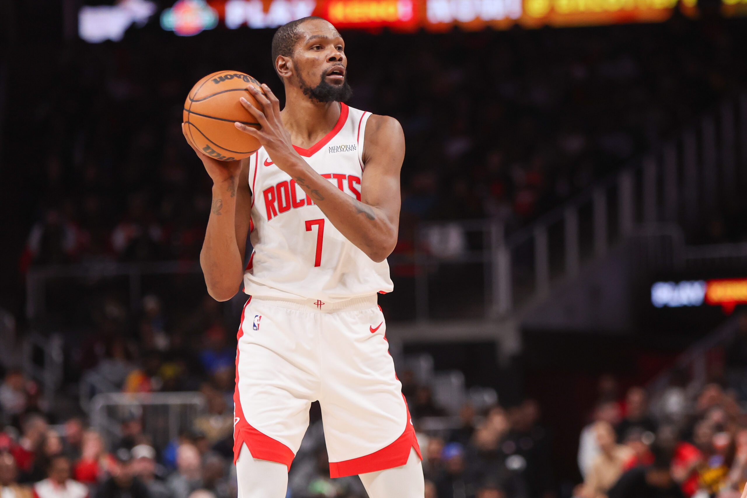 Jan 29, 2026; Atlanta, Georgia, USA; Houston Rockets forward Kevin Durant (7) handles the ball against the Atlanta Hawks in the third quarter at State Farm Arena. Mandatory Credit: Brett Davis-Imagn Images