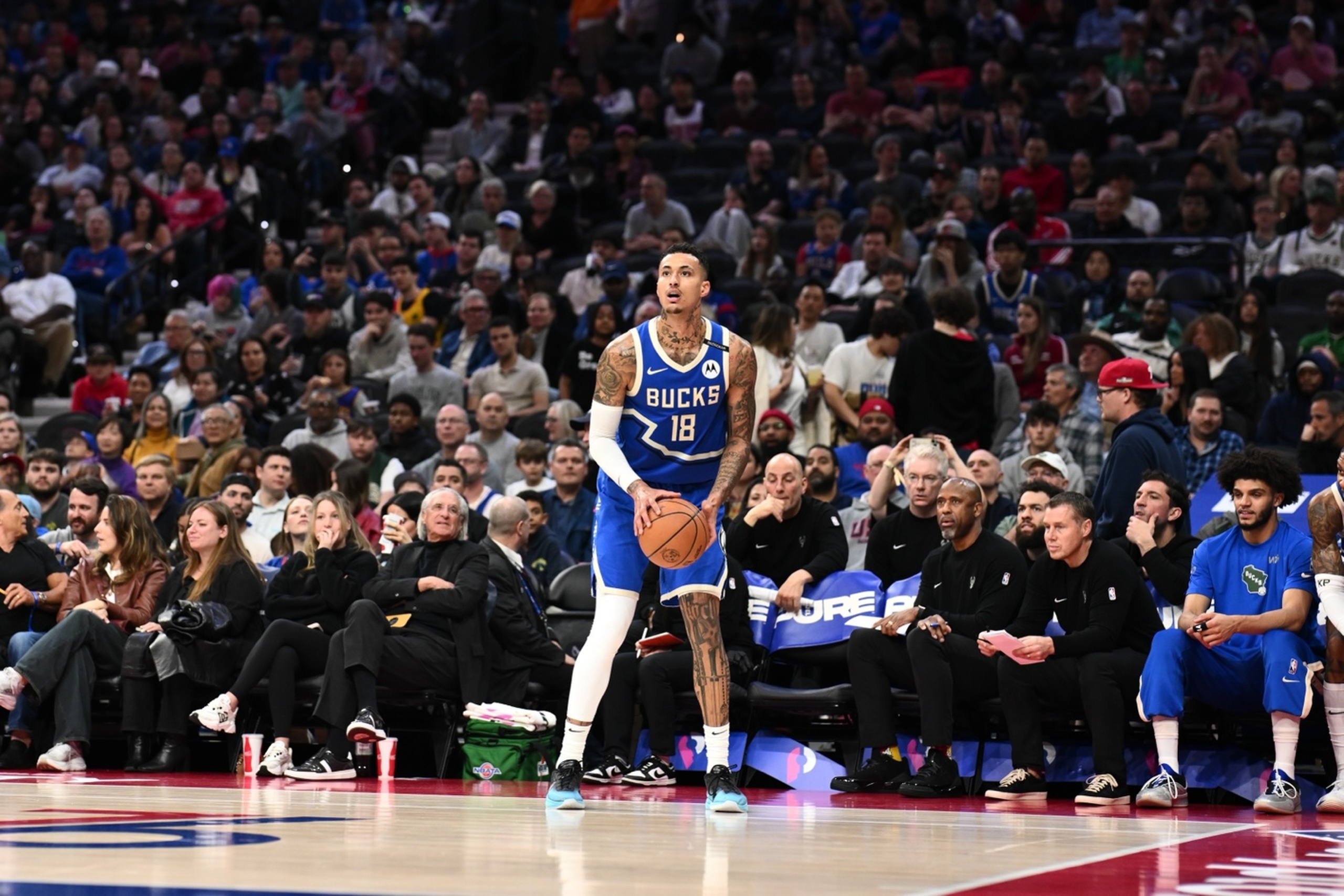 Apr 3, 2025; Philadelphia, Pennsylvania, USA; Milwaukee Bucks forward Kyle Kuzma (18) sets up to shoot the ball against the Philadelphia 76ers in the second quarter at Wells Fargo Center. Mandatory Credit: Kyle Ross-Imagn Images