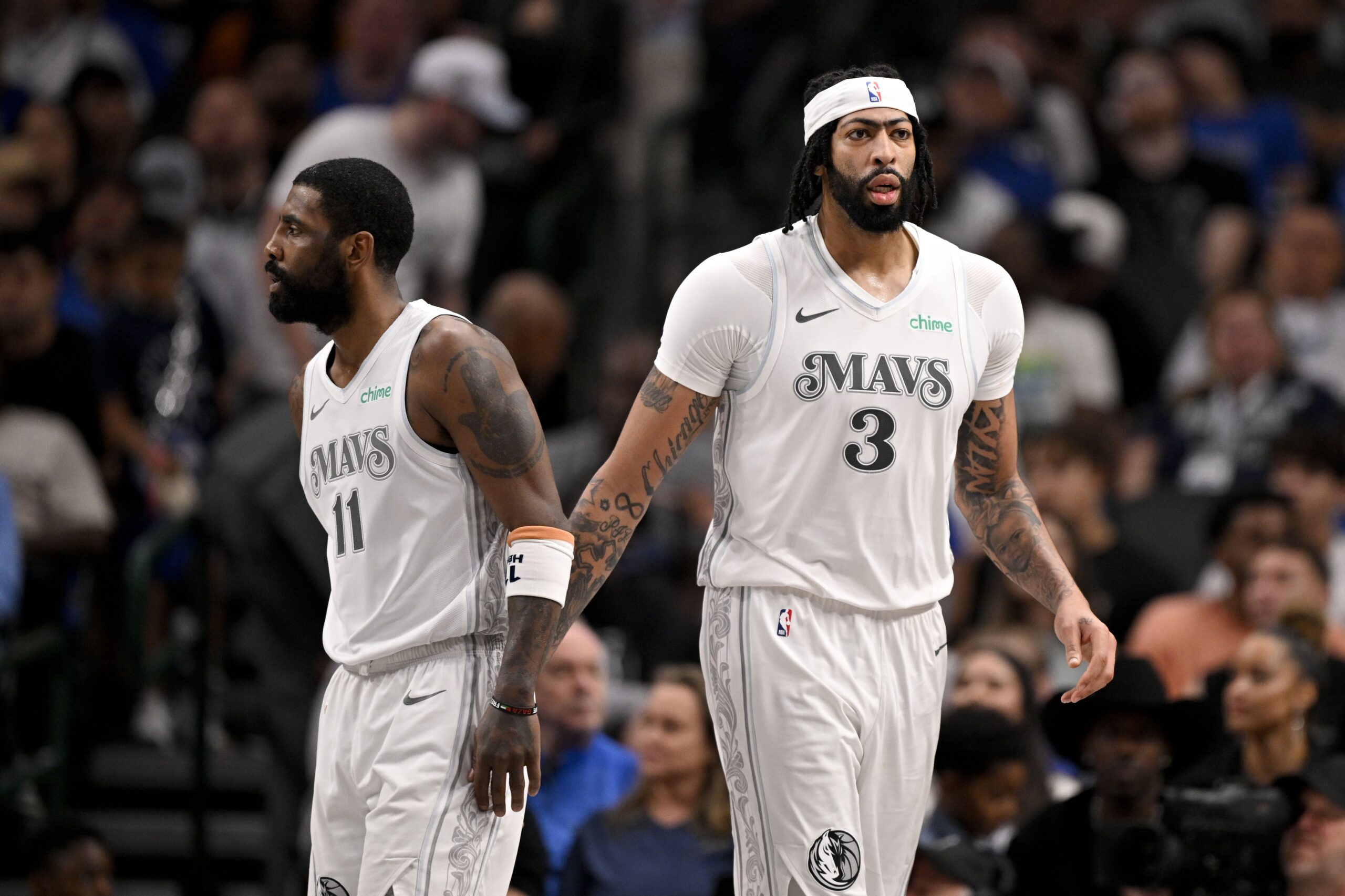 Feb 8, 2025; Dallas, Texas, USA; Dallas Mavericks guard Kyrie Irving (11) and forward Anthony Davis (3) during the game between the Dallas Mavericks and the Houston Rockets at the American Airlines Center. Mandatory Credit: Jerome Miron-Imagn Images