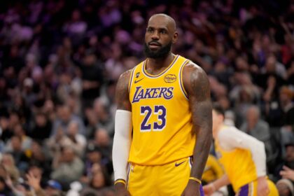 Los Angeles Lakers forward LeBron James (23) reacts after the Sacramento Kings made a three point basket in the third quarter at the Golden 1 Center.