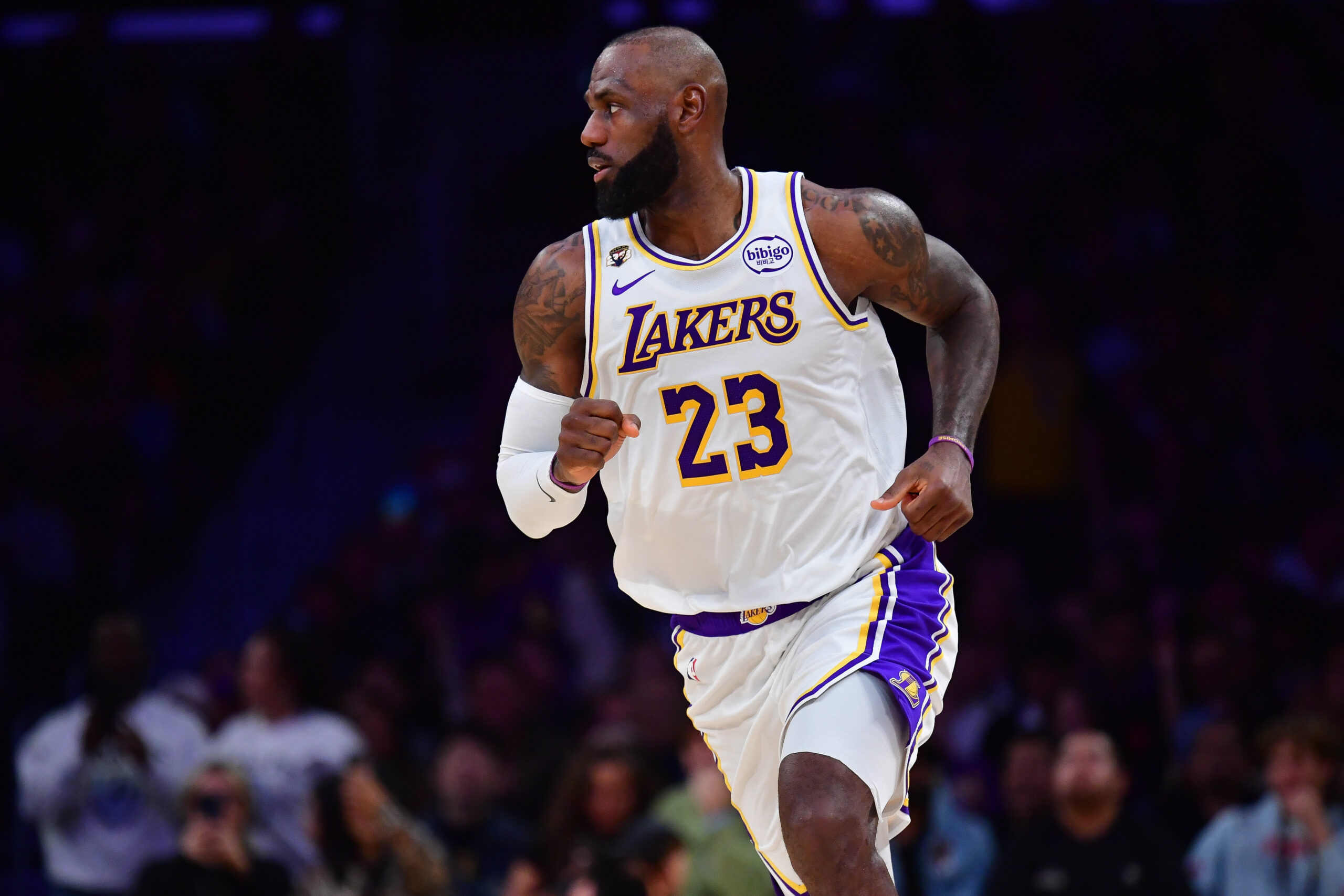 Jan 18, 2026; Los Angeles, California, USA; Los Angeles Lakers forward LeBron James (23) in action against the Toronto Raptors during the second half at Crypto.com Arena. Mandatory Credit: Gary A. Vasquez-Imagn Images