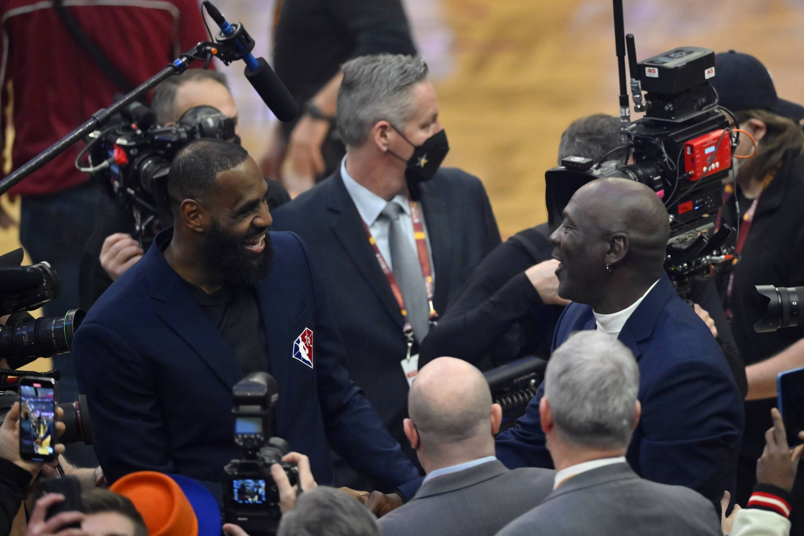 Lebron James and Michael Jordan on court during halftime during the 2022 NBA All-Star Game at Rocket Mortgage FieldHouse.