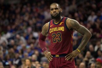 Cleveland Cavaliers forward LeBron James (23) during the third quarter against the Philadelphia 76ers at Wells Fargo Center. Mandatory Credit: Bill Streicher-Imagn Images
