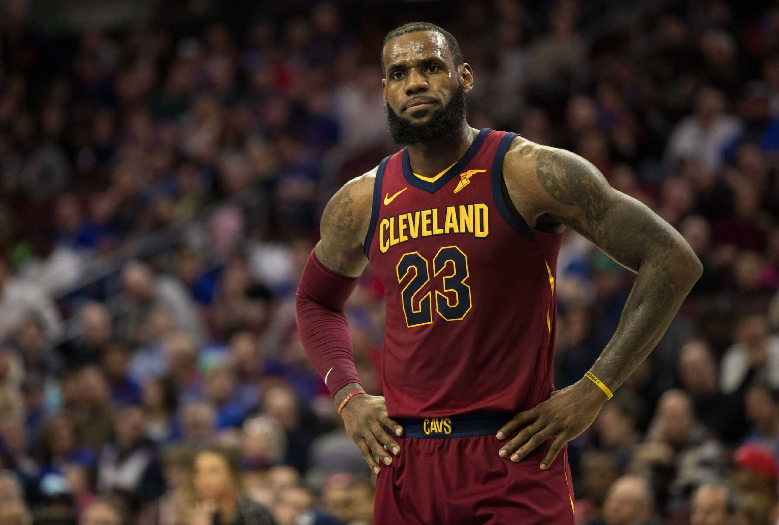 Cleveland Cavaliers forward LeBron James (23) during the third quarter against the Philadelphia 76ers at Wells Fargo Center. Mandatory Credit: Bill Streicher-Imagn Images