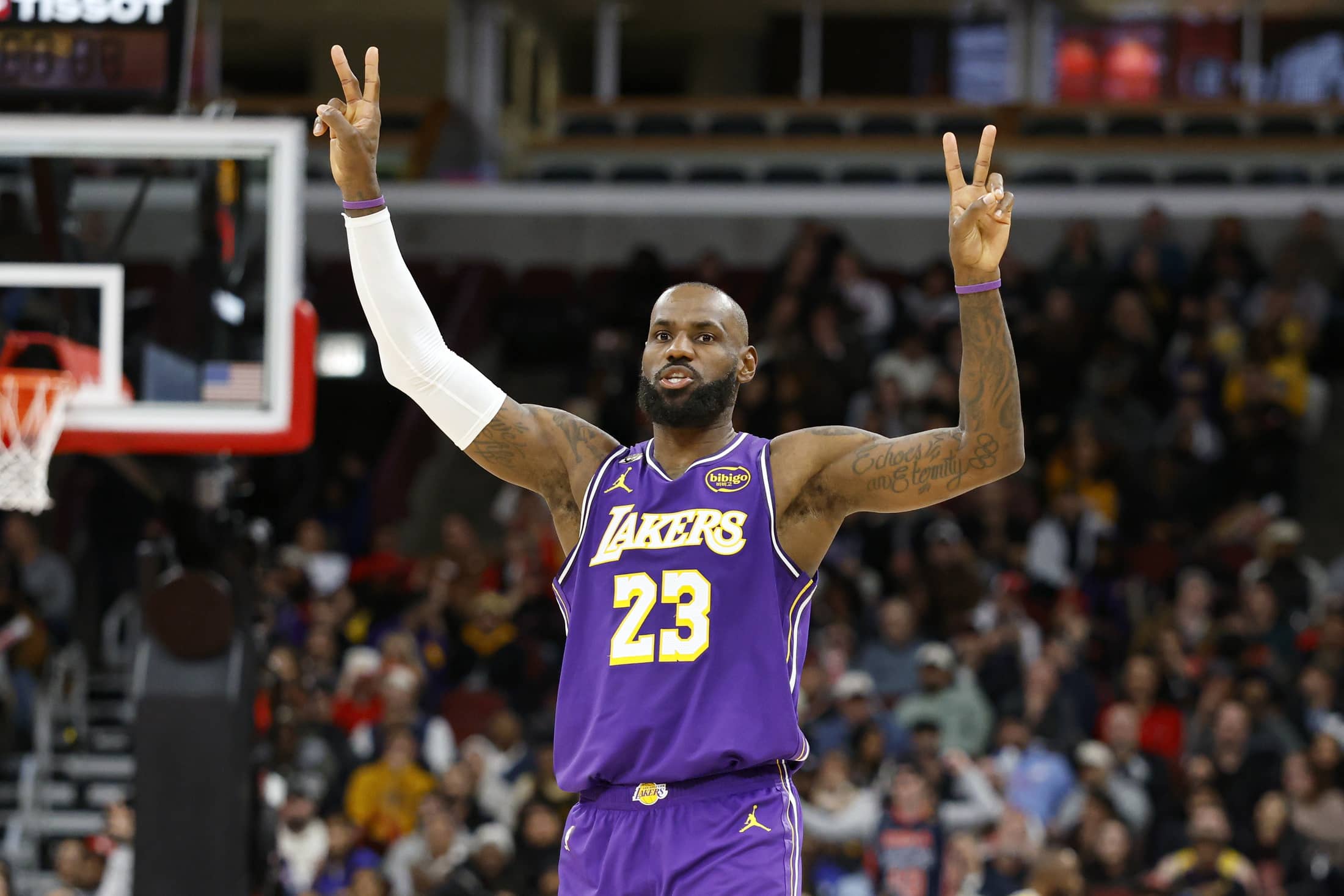Jan 26, 2026; Chicago, Illinois, USA; Los Angeles Lakers forward LeBron James (23) reacts against the Chicago Bulls during the second half at United Center. Mandatory Credit: Kamil Krzaczynski-Imagn Images
