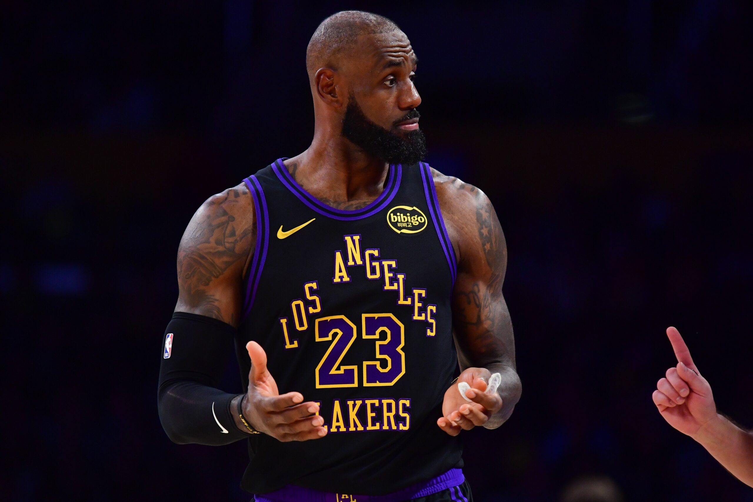 Dec 30, 2025; Los Angeles, California, USA; Los Angeles Lakers forward LeBron James (23) reacts during the second half at Crypto.com Arena. Mandatory Credit: Gary A. Vasquez-Imagn Images