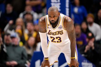 Los Angeles Lakers forward LeBron James (23) looks on during the game against the Dallas Mavericks at the American Airlines Center.