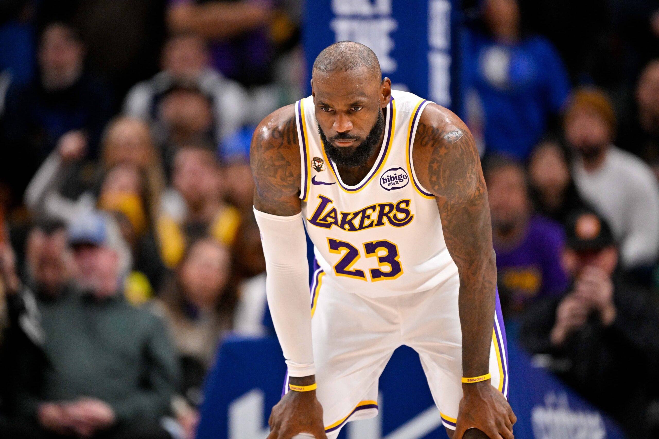 Los Angeles Lakers forward LeBron James (23) looks on during the game against the Dallas Mavericks at the American Airlines Center.