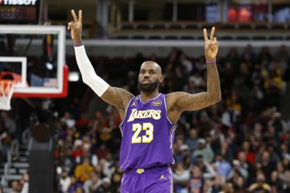 Los Angeles Lakers forward LeBron James (23) reacts against the Chicago Bulls during the second half at United Center.