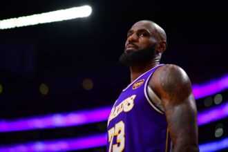 Los Angeles Lakers forward LeBron James (23) reacts during the second half at Crypto.com Arena.