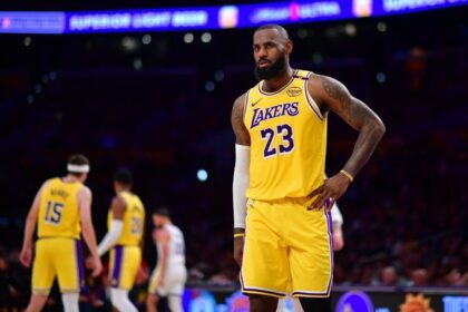 Apr 3, 2025; Los Angeles, California, USA; Los Angeles Lakers forward LeBron James (23) during the second half at Crypto.com Arena. Mandatory Credit: Gary A. Vasquez-Imagn Images