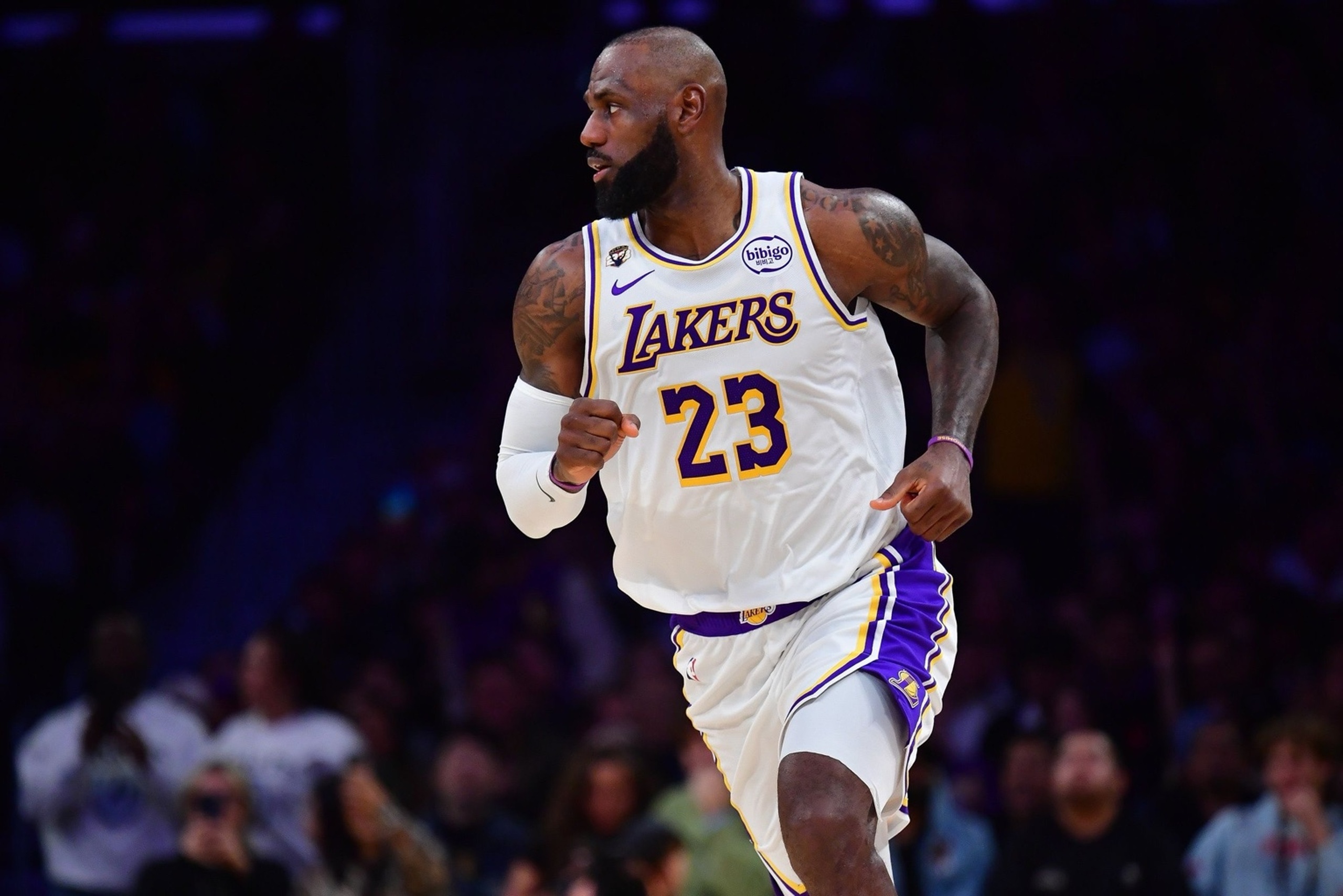 Jan 18, 2026; Los Angeles, California, USA; Los Angeles Lakers forward LeBron James (23) in action against the Toronto Raptors during the second half at Crypto.com Arena. Mandatory Credit: Gary A. Vasquez-Imagn Images