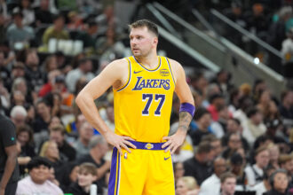 San Antonio, Texas, USA; Los Angeles Lakers forward/guard Luka Dončić (77) looks over in the first half against the San Antonio Spurs at Frost Bank Center. Mandatory Credit: Daniel Dunn-Imagn Images