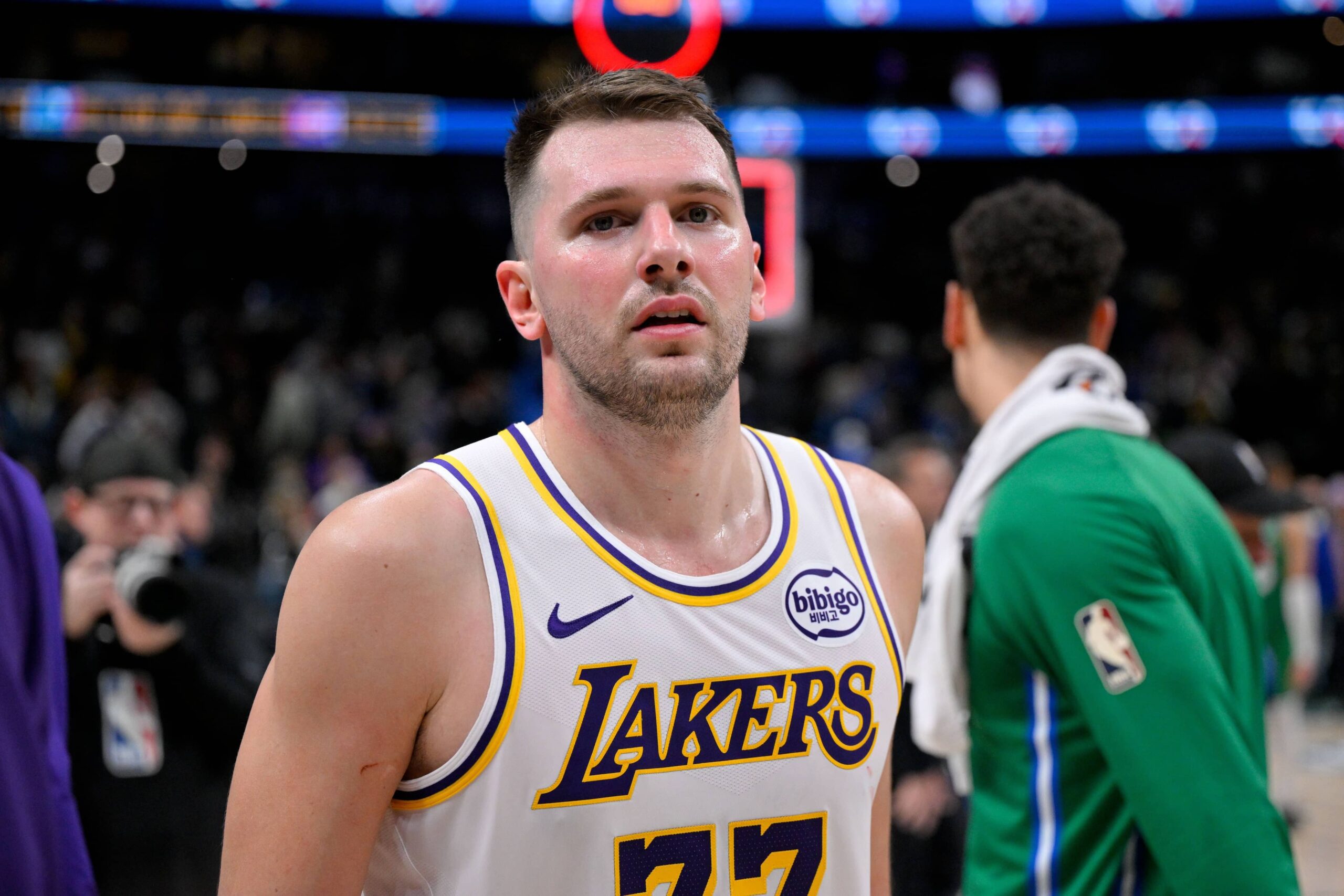 Los Angeles Lakers guard Luka Doncic (77) walks off the court after the Lakers win over the Dallas Mavericks at the American Airlines Center.