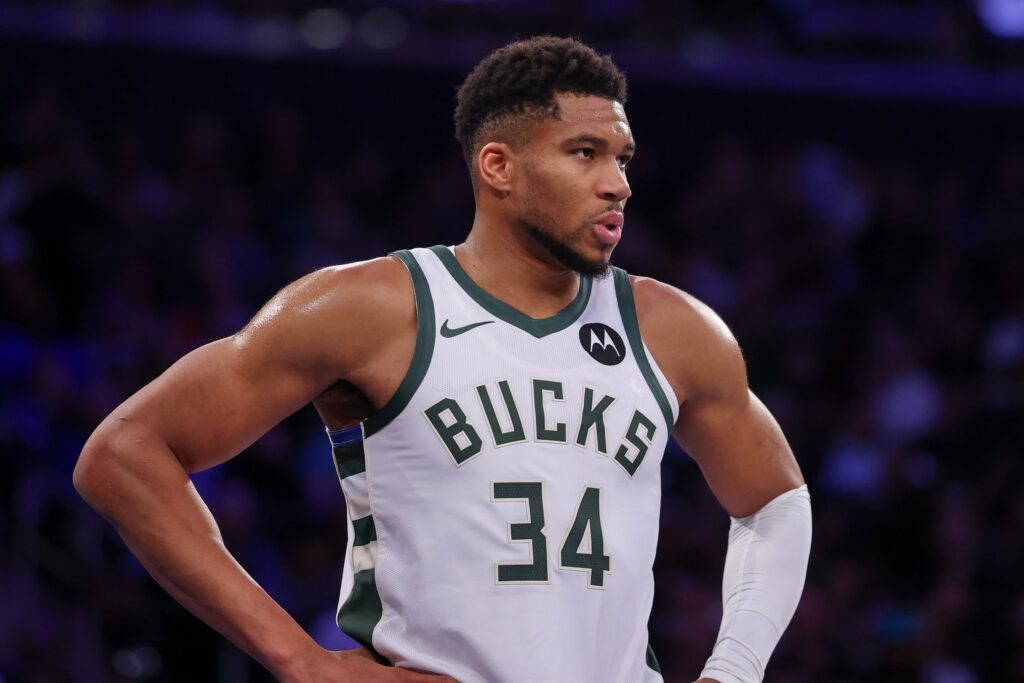 Nov 28, 2025; New York, New York, USA; Milwaukee Bucks forward Giannis Antetokounmpo (34) looks back during the second half against the New York Knicks at Madison Square Garden. Mandatory Credit: Vincent Carchietta-Imagn Images