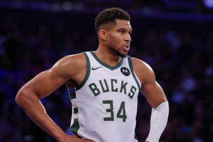 Nov 28, 2025; New York, New York, USA; Milwaukee Bucks forward Giannis Antetokounmpo (34) looks back during the second half against the New York Knicks at Madison Square Garden. Mandatory Credit: Vincent Carchietta-Imagn Images