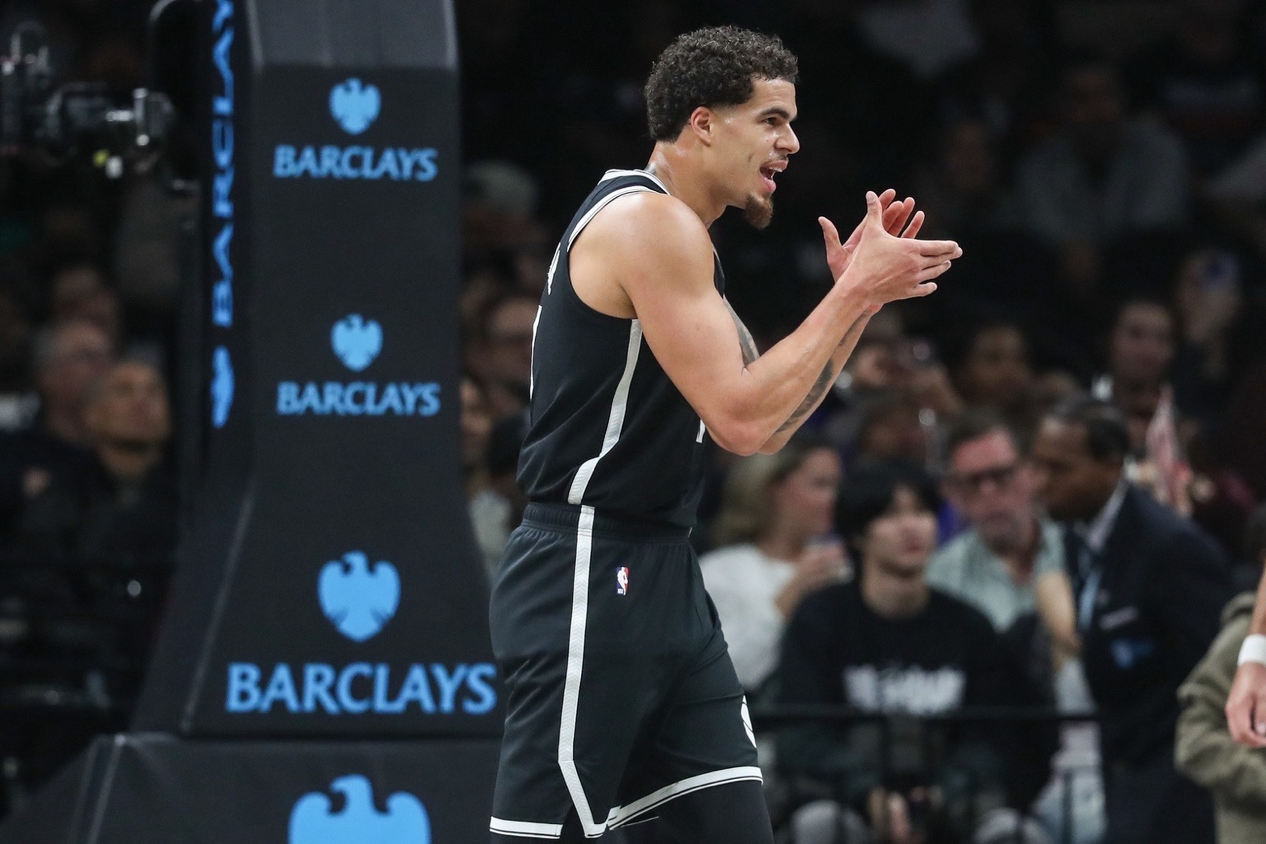 Oct 24, 2025; Brooklyn, New York, USA; Brooklyn Nets forward Michael Porter Jr. (17) celebrates during a timeout in the fourth quarter against the Cleveland Cavaliers at Barclays Center. Mandatory Credit: Wendell Cruz-Imagn Images