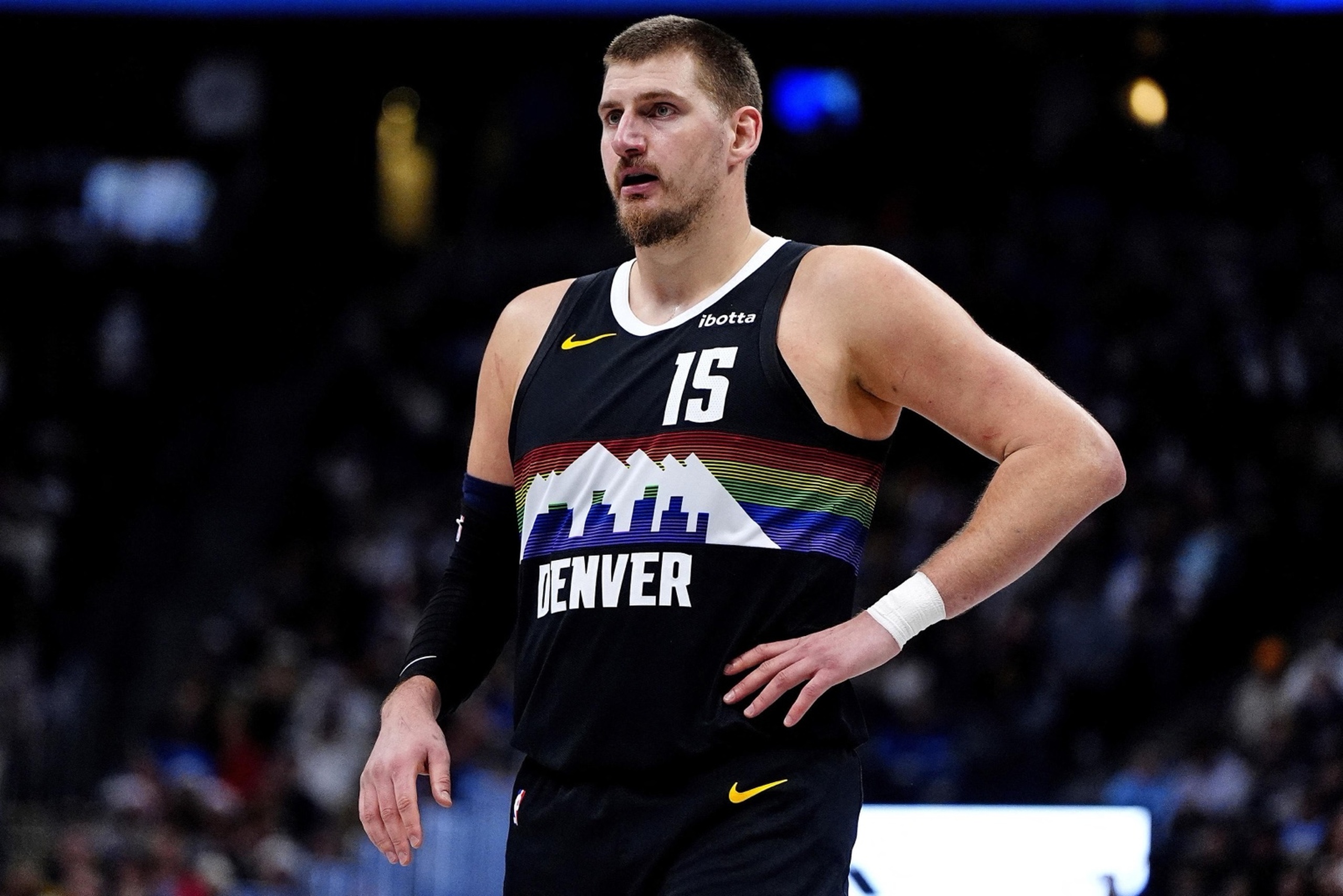 Dec 25, 2025; Denver, Colorado, USA; Denver Nuggets center Nikola Jokic (15) during the second half against the Minnesota Timberwolves at Ball Arena. Mandatory Credit: Ron Chenoy-Imagn Images