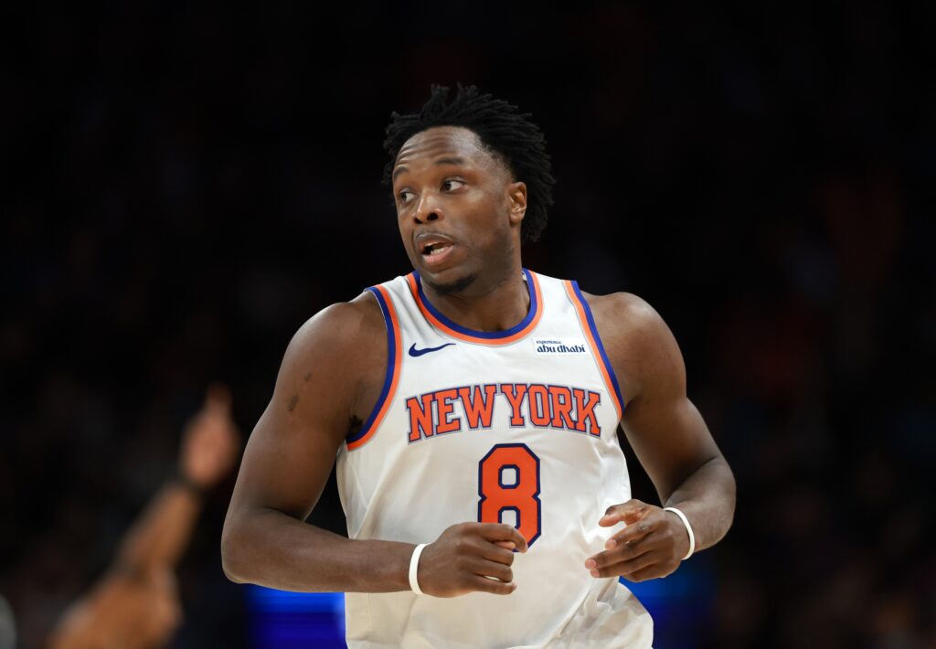 Jan 9, 2026; Phoenix, Arizona, USA; New York Knicks forward OG Anunoby (8) against the Phoenix Suns at Mortgage Matchup Center. Mandatory Credit: Mark J. Rebilas-Imagn Images
