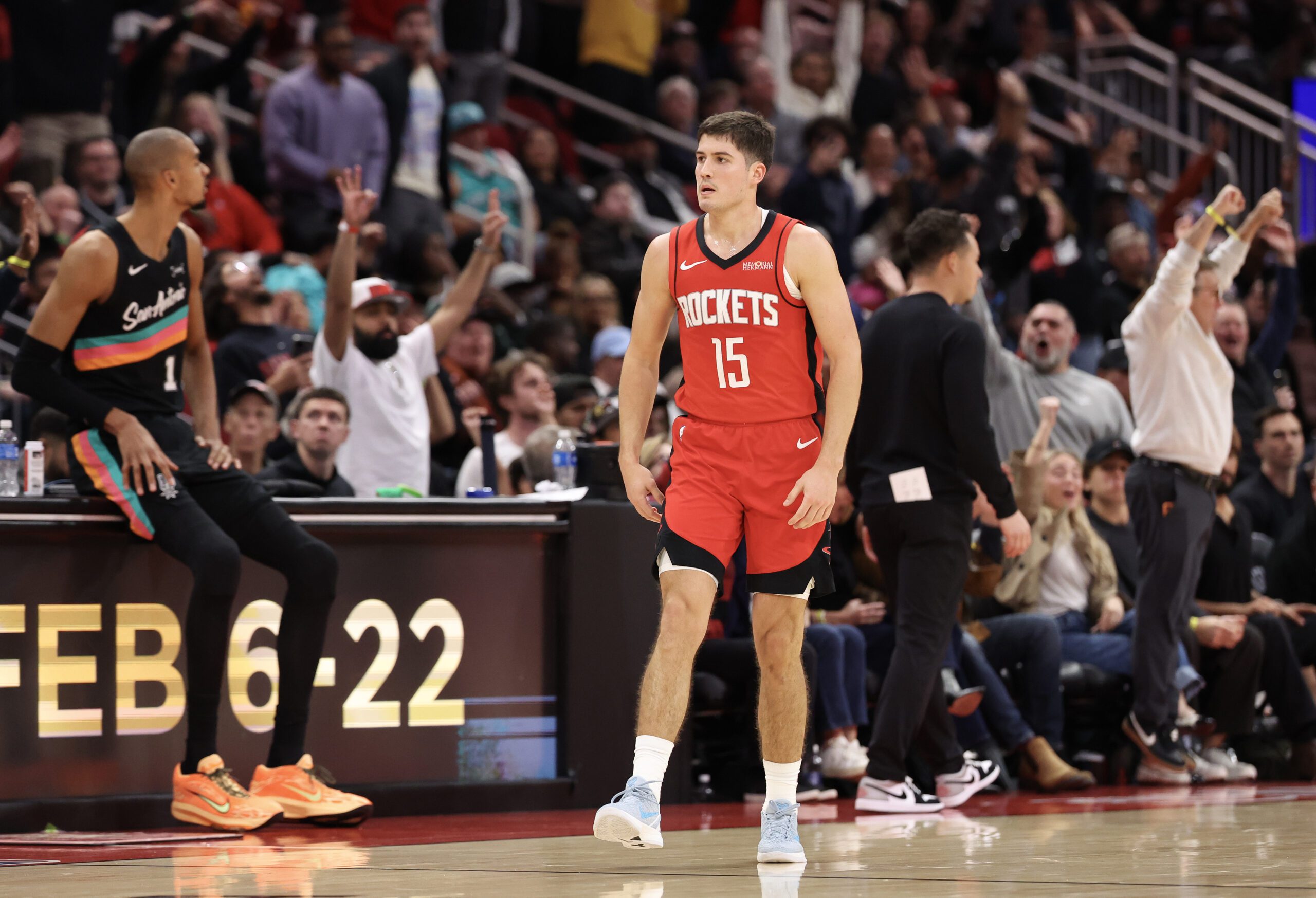 Jan 20, 2026; Houston, Texas, USA; Houston Rockets guard Reed Sheppard (15) reacts to his basket against the San Antonio Spurs in the second half at Toyota Center. Mandatory Credit: Thomas Shea-Imagn Images