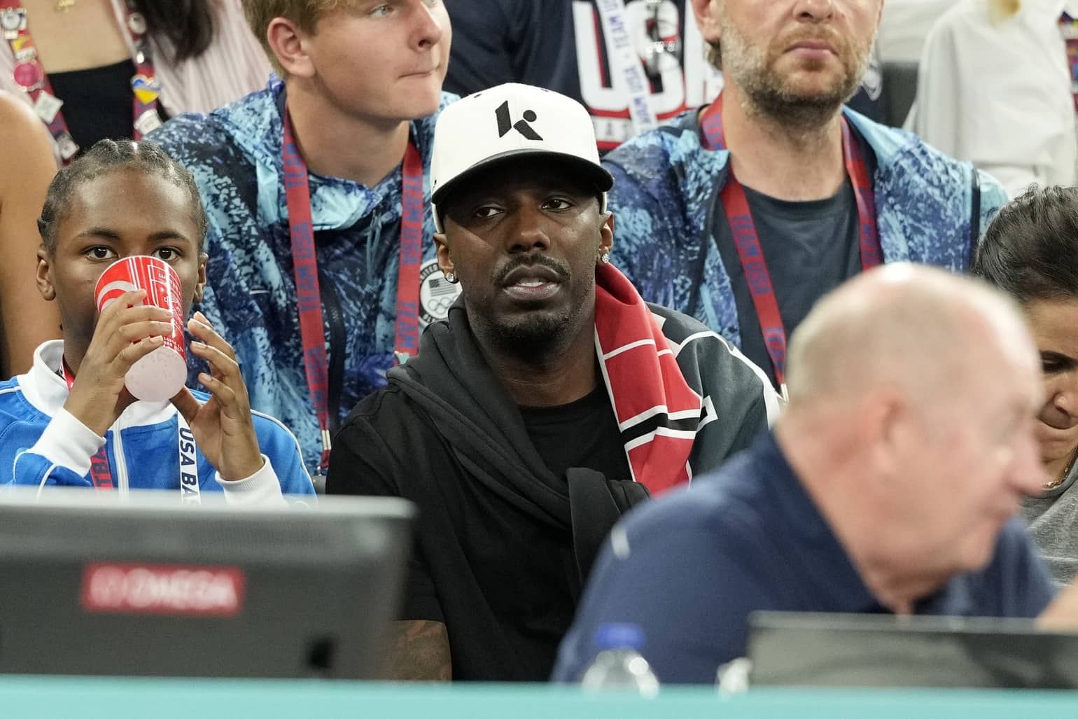 Sports agent Rich Paul looks on in the second half of the men’s basketball quarterfinal game between the United States and Brazil during the Paris 2024 Olympic Summer Games at Accor Arena.
