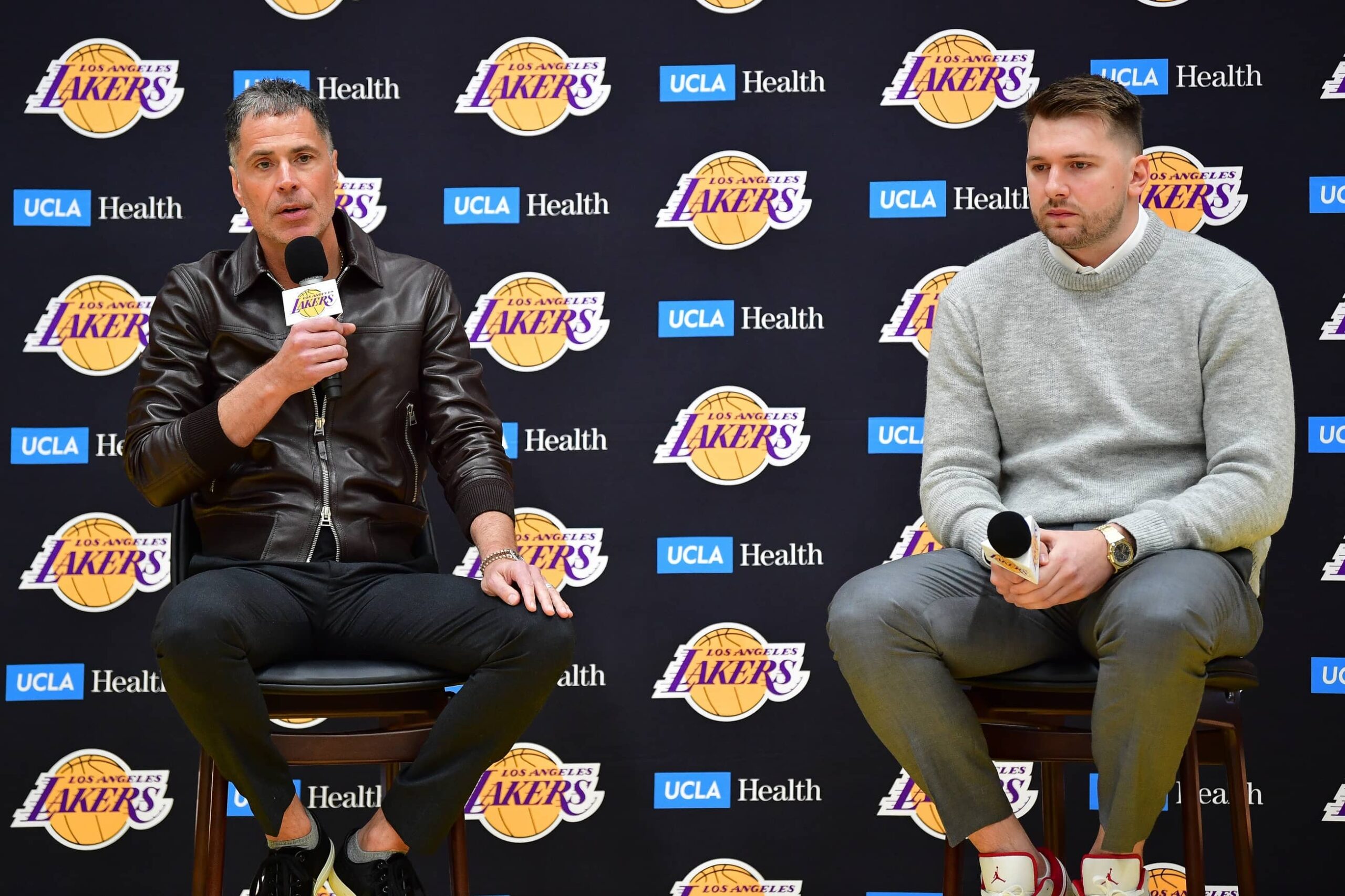 Feb 4, 2025; El Segundo, CA, USA; Los Angeles Lakers vice president of basketball operations and general manager Rob Pelinka introduces guard Luka Doncic at UCLA Health Training Center. Mandatory Credit: Gary A. Vasquez-Imagn Images