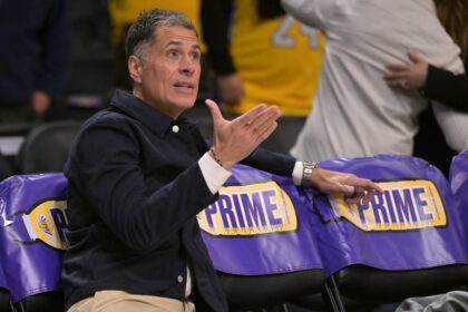 Los Angeles Lakers general manager Rob Pelinka looks on as players warm up prior to the game against the Orlando Magic at Crypto.com Arena.