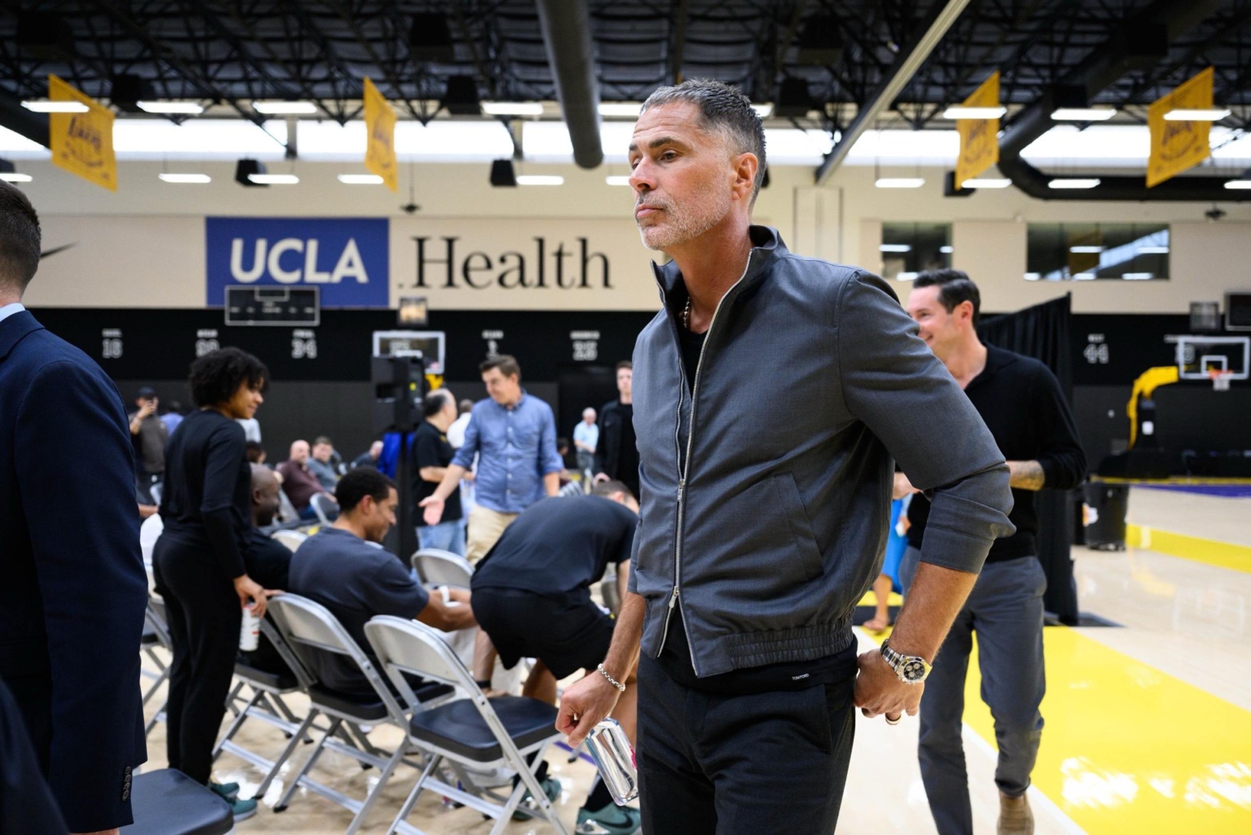 Sep 25, 2025; El Segundo, CA, USA; Los Angeles Lakers general manager Rob Pelinka leaves a press conference to preview the 2025-26 season at UCLA Health Training Center. Mandatory Credit: William Liang-Imagn Images