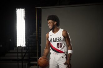 Sep 29, 2025; Portland, OR, USA; Portland Trail Blazers guard Scoot Henderson (00) during media day at the Moda Center. Mandatory Credit: Troy Wayrynen-Imagn Images