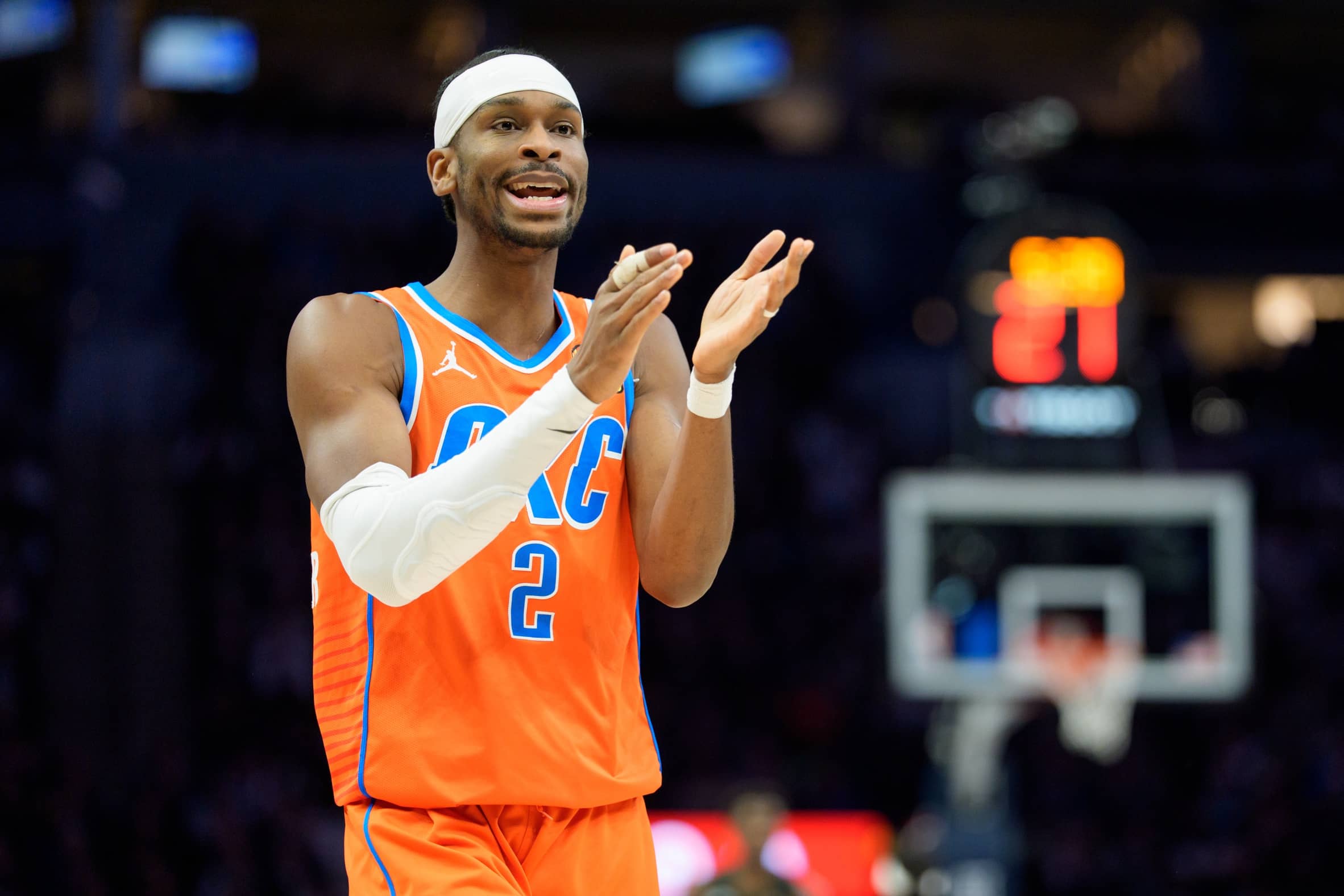 Jan 29, 2026; Minneapolis, Minnesota, USA; Oklahoma City Thunder guard Shai Gilgeous-Alexander (2) gestures to teammates in the second quarter against the Minnesota Timberwolves at Target Center. Mandatory Credit: Matt Blewett-Imagn Images