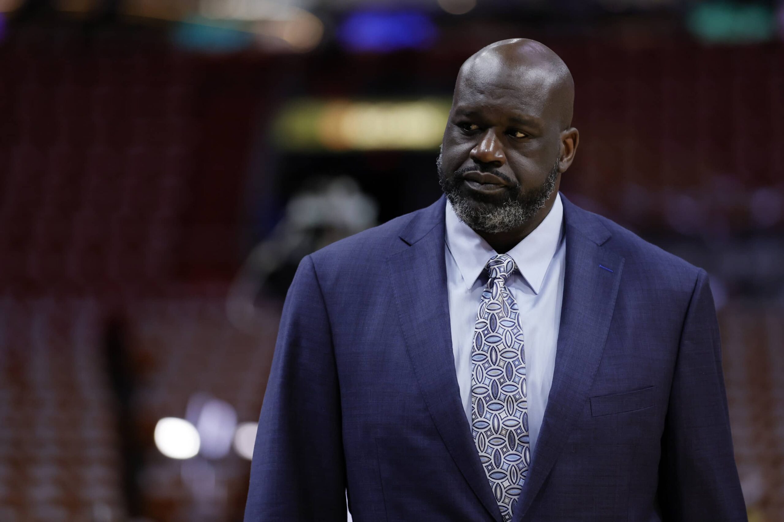 Shaquille O'Neal looks on before game four between the Miami Heat and the Boston Celtics in the Eastern Conference Finals for the 2023 NBA playoffs at Kaseya Center.