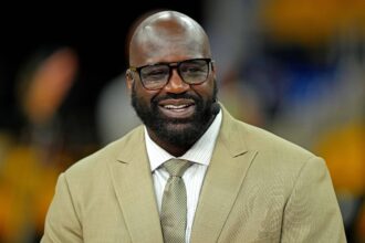 TV analyst Shaquille O'Neal looks on beforeg game two of the 2022 NBA Finals between the Golden State Warriors and the Boston Celtics at Chase Center.