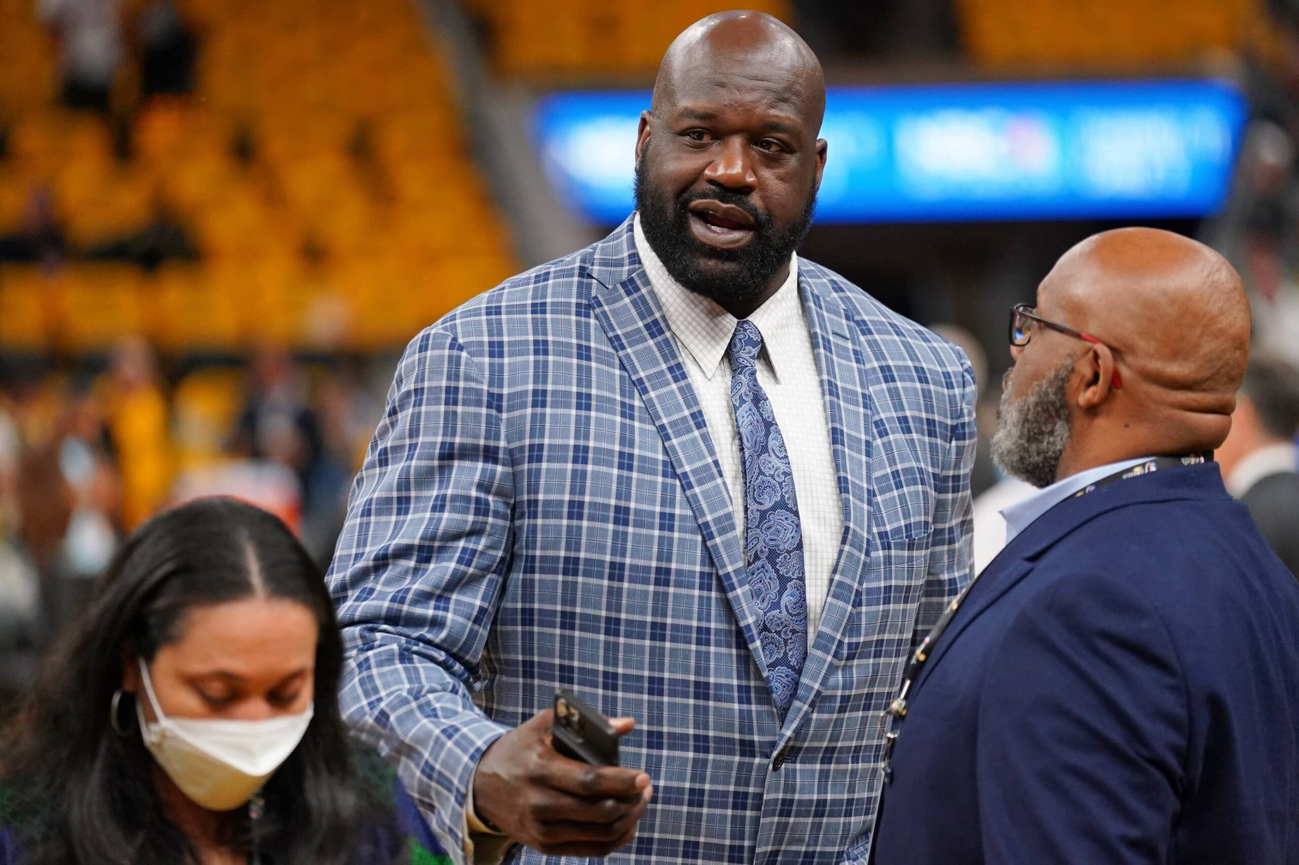 Former NBA player Shaquille O'Neal before game one of the 2022 NBA Finals between the Golden State Warriors and the Boston Celtics at Chase Center.