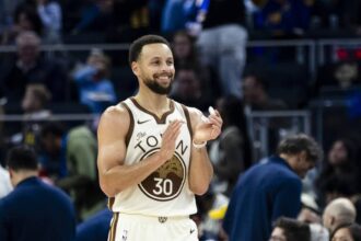 Jan 17, 2026; San Francisco, California, USA; Golden State Warriors guard Stephen Curry (30) reacts during the third quarter against the Charlotte Hornets at Chase Center. Mandatory Credit: John Hefti-Imagn Images