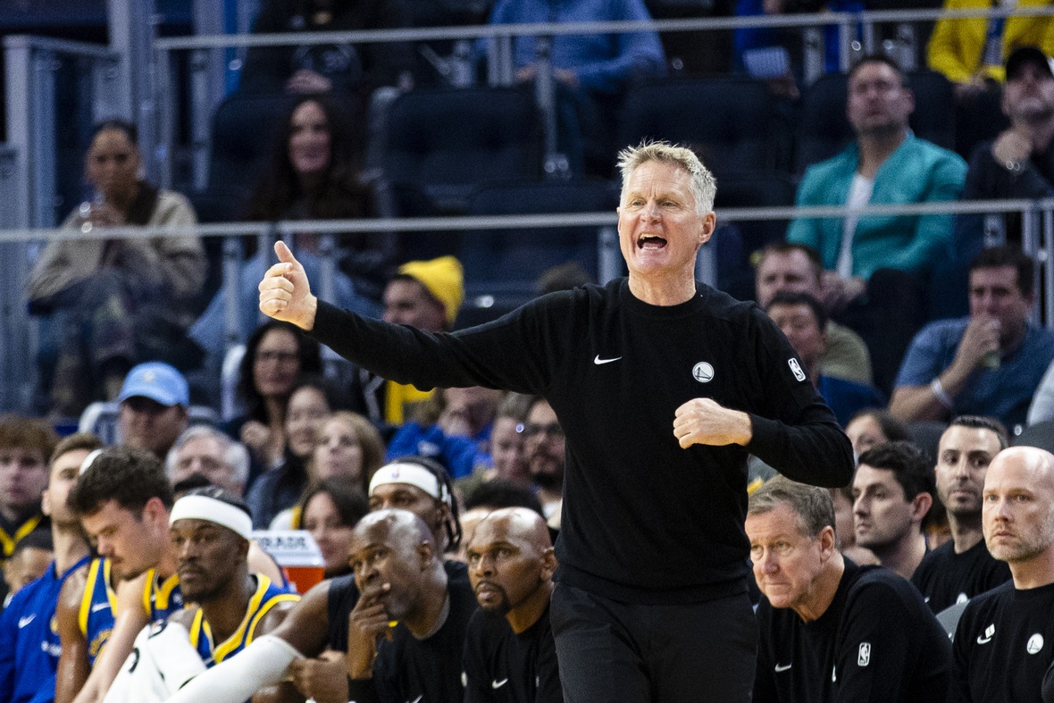 Jan 3, 2026; San Francisco, California, USA; Golden State Warriors head coach Steve Kerr reacts during the third quarter against the Utah Jazz at Chase Center. Mandatory Credit: John Hefti-Imagn Images