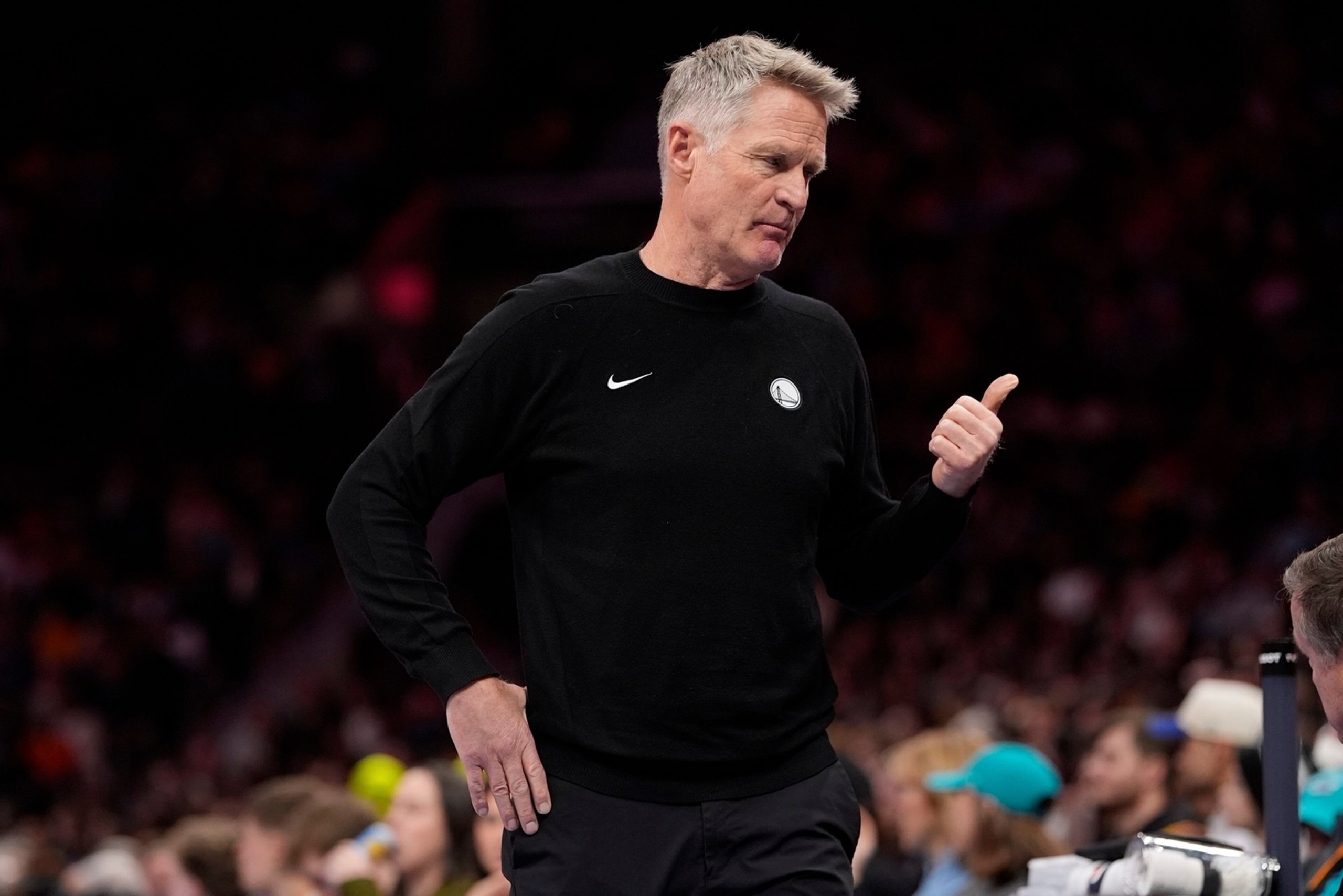 Dec 31, 2025; Charlotte, North Carolina, USA; Golden State Warriors head coach Steve Kerr reacts to a call during the second quarter against the Charlotte Hornets at Spectrum Center. Mandatory Credit: Jim Dedmon-Imagn Images