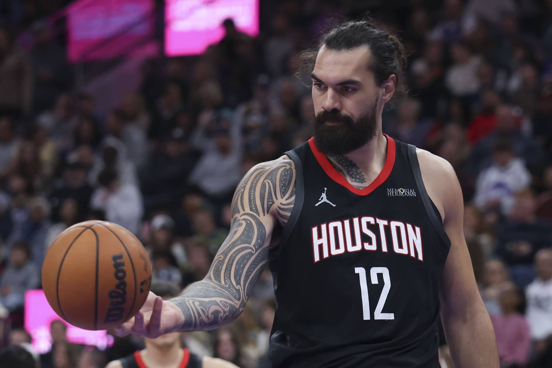 Houston Rockets center Steven Adams (12) reacts to a foul call for the Utah Jazz during the third quarter at Delta Center.