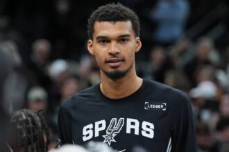 San Antonio Spurs forward Victor Wembanyama (1) after the game against the New York Knicks at Frost Bank Center.