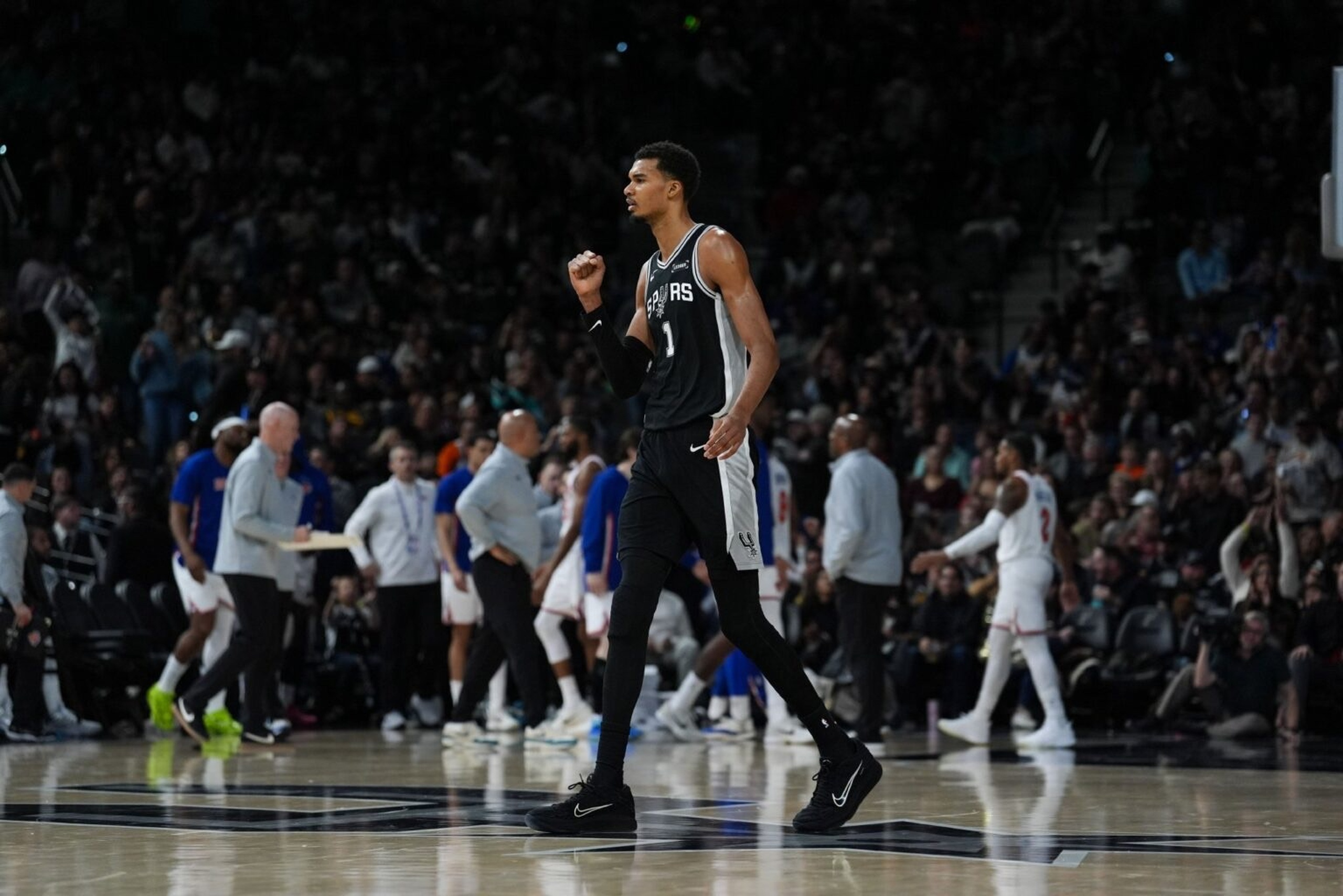 Dec 31, 2025; San Antonio, Texas, USA; San Antonio Spurs forward Victor Wembanyama (1) celebrates in the second half against the New York Knicks at Frost Bank Center. Mandatory Credit: Daniel Dunn-Imagn Images