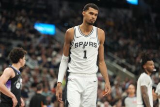 Dec 27, 2025; San Antonio, Texas, USA; San Antonio Spurs forward Victor Wembanyama (1) during the first half against the Utah Jazz at Frost Bank Center. Mandatory Credit: Scott Wachter-Imagn Images