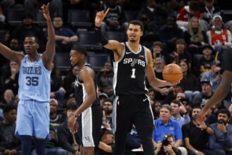 Memphis, Tennessee, USA; San Antonio Spurs forward Victor Wembanyama (1) reacts during the second quarter against the Memphis Grizzlies at FedExForum. Mandatory Credit: Petre Thomas-Imagn Images