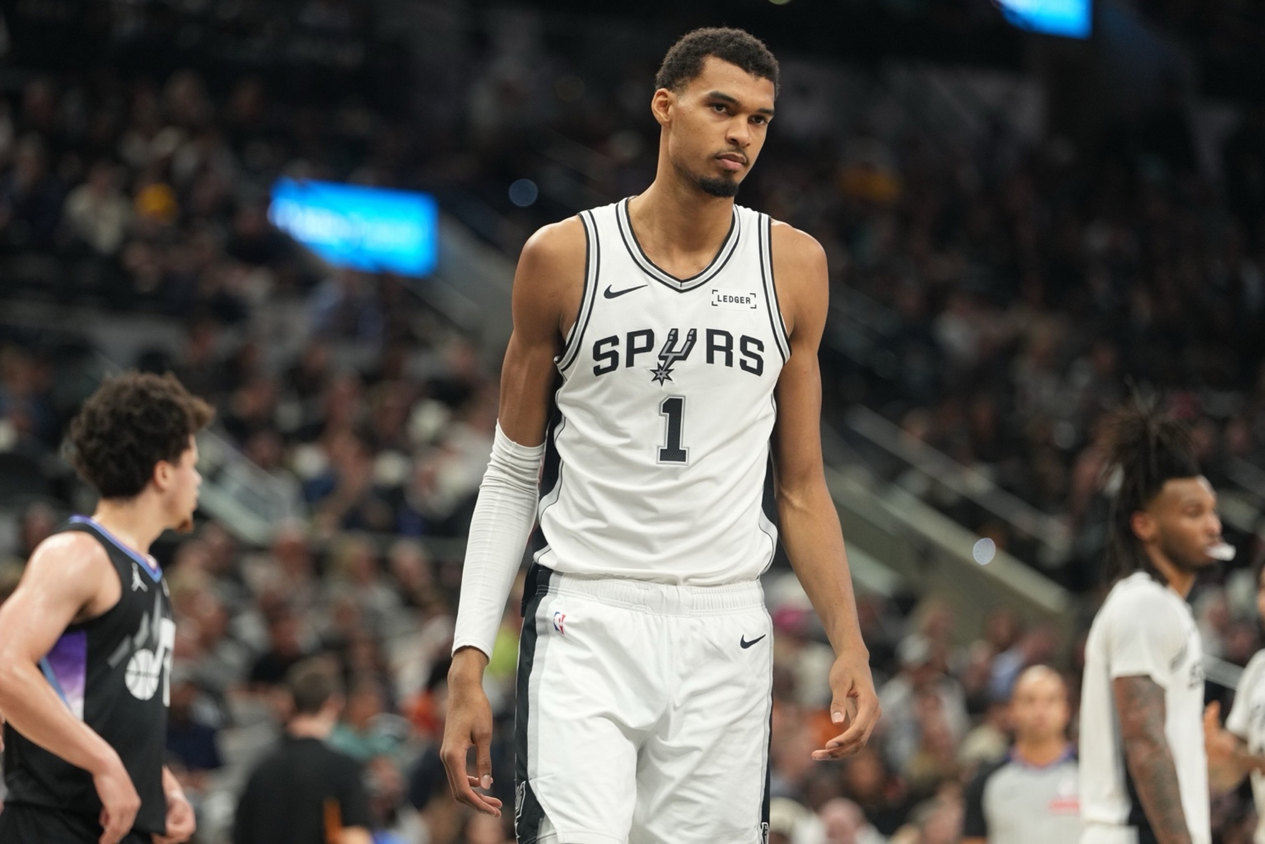 Dec 27, 2025; San Antonio, Texas, USA; San Antonio Spurs forward Victor Wembanyama (1) during the first half against the Utah Jazz at Frost Bank Center. Mandatory Credit: Scott Wachter-Imagn Images