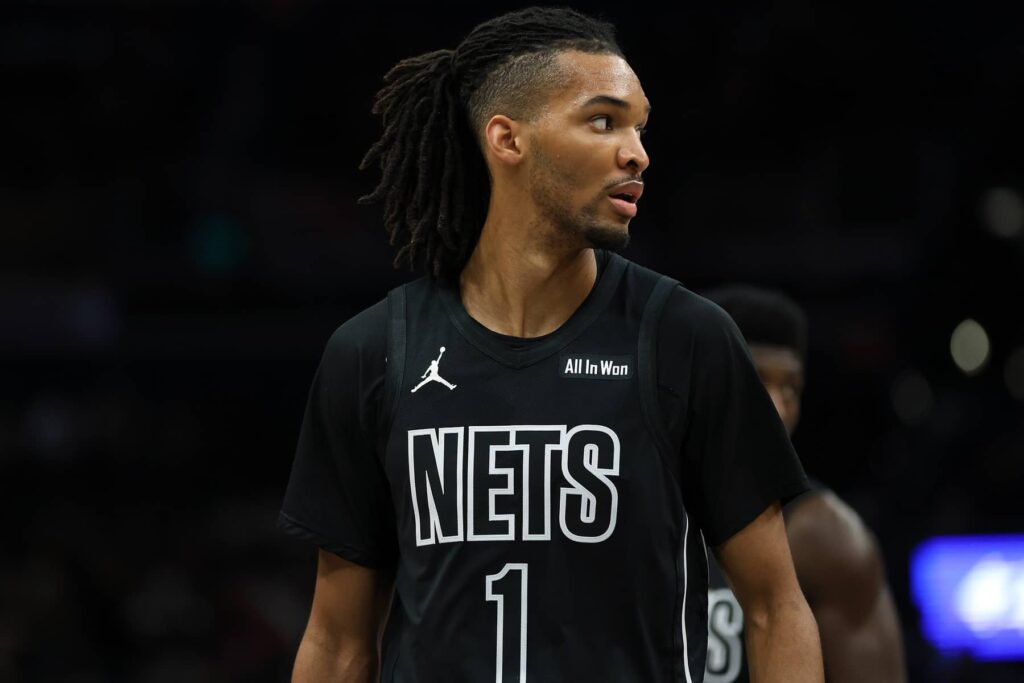 Jan 2, 2026; Washington, District of Columbia, USA; Brooklyn Nets forward Ziaire Williams (1) looks on during the first half against the Washington Wizards at Capital One Arena. Mandatory Credit: Daniel Kucin Jr.-Imagn Images